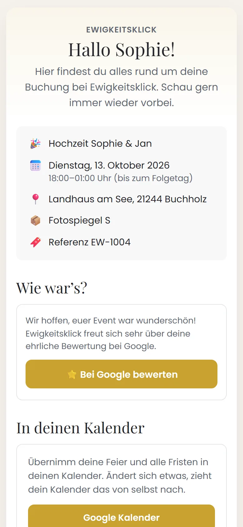 Kundenbereich am Tag nach dem Event: „Wie war’s?“ mit Knopf zur Bewertung bei Google