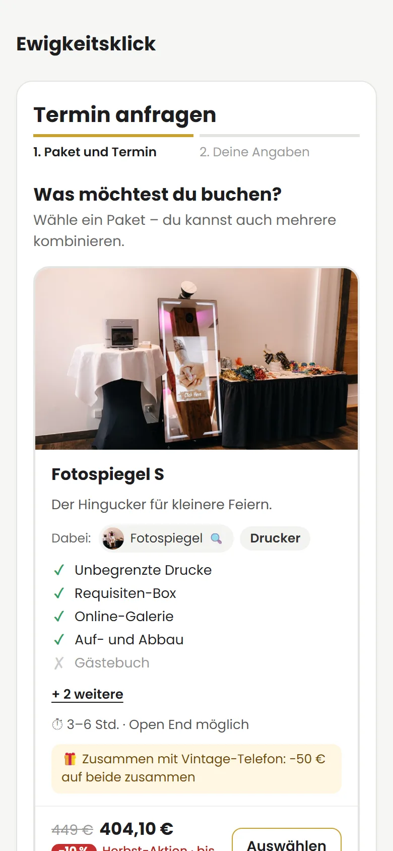 Buchungsseite am Handy: Pakete mit Fotos, Leistungen und Preis