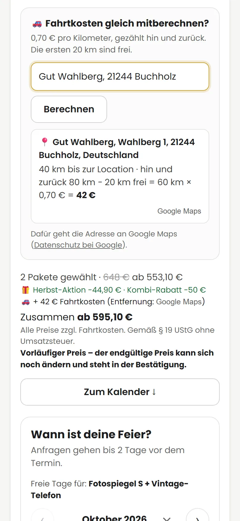 Buchungsseite am Handy: Fahrtkosten zur Location und vorläufiger Gesamtpreis