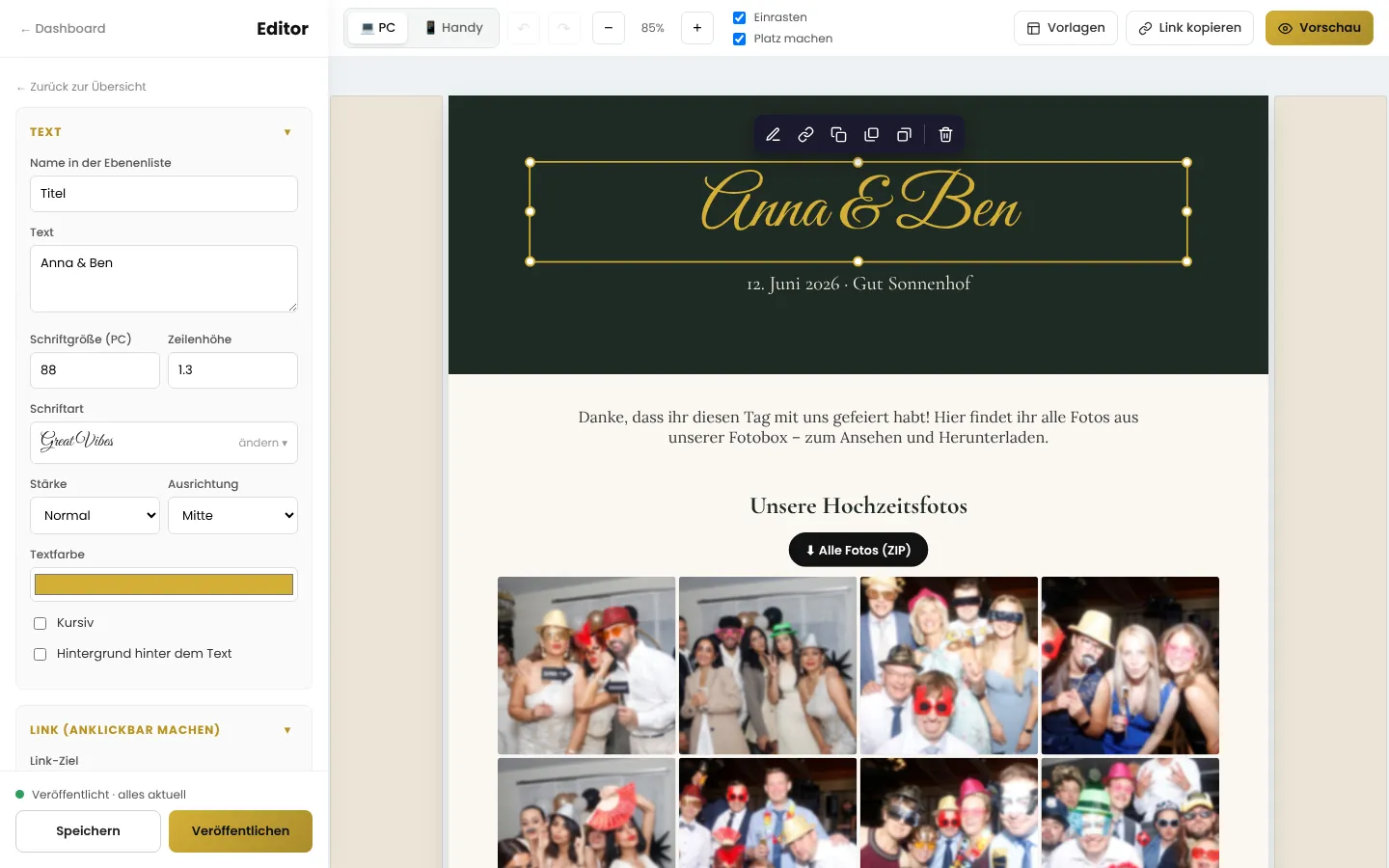Der BoothFrame-Editor am PC: links die Einstellungen für den ausgewählten Titel, rechts die Seite mit Fotogalerie
