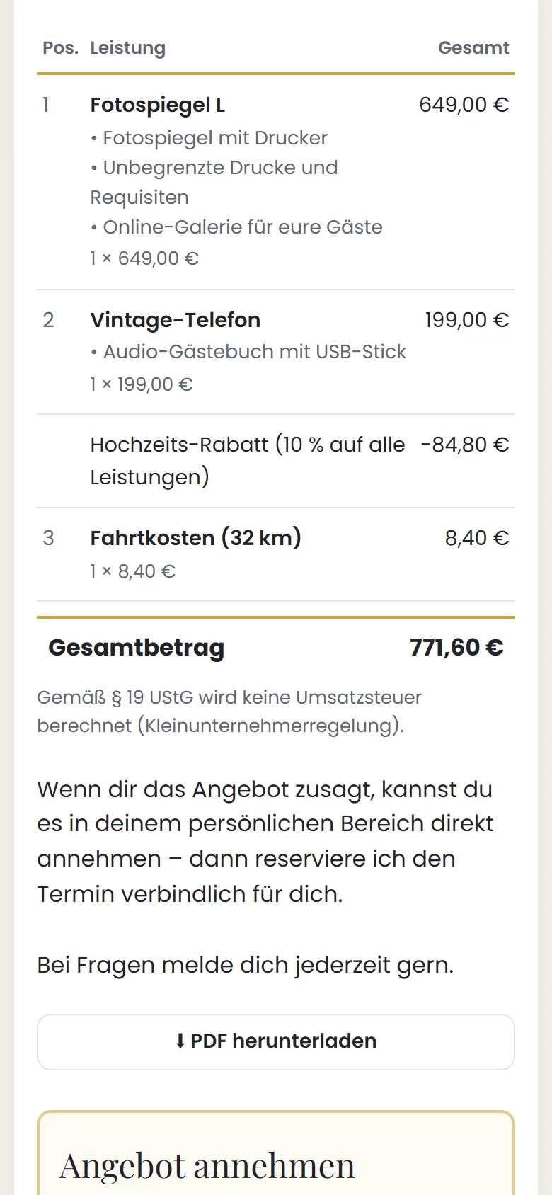 Angebot im Kundenbereich am Handy mit Positionen, Gesamtbetrag und „Angebot annehmen“
