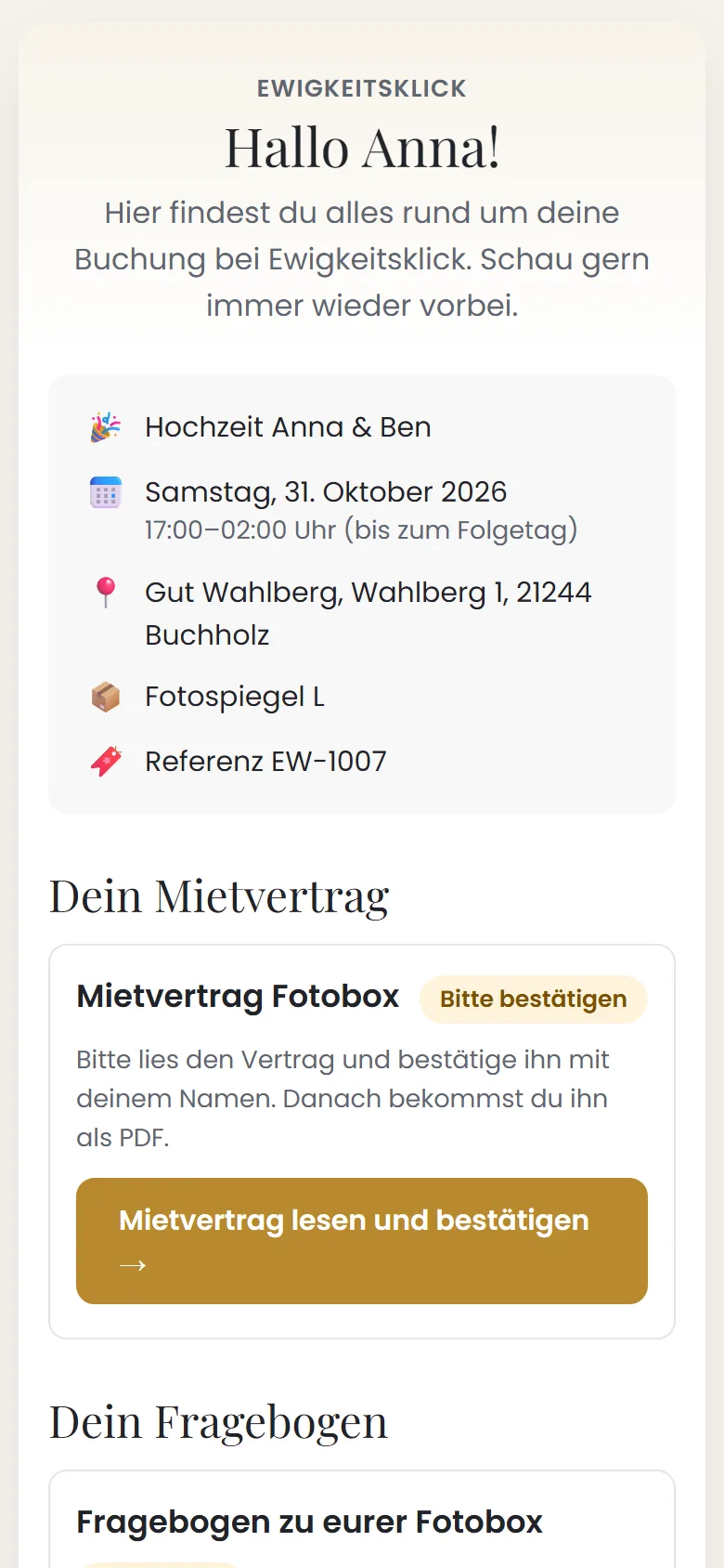 Kundenbereich am Handy: Buchung, Mietvertrag und Fragebogen