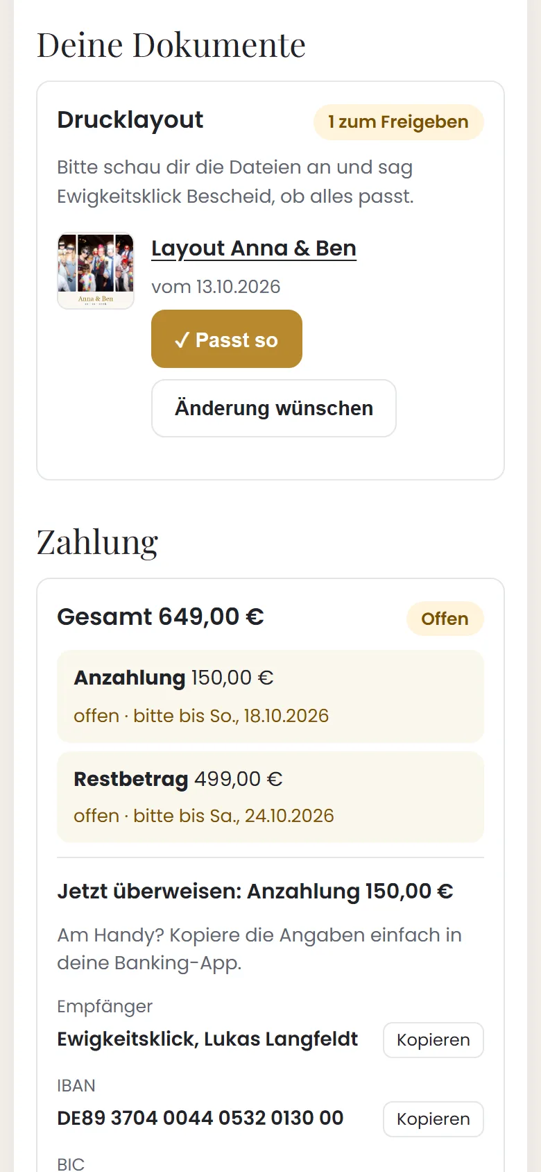 Kundenbereich am Handy: Drucklayout zur Freigabe, Anzahlung und Restbetrag