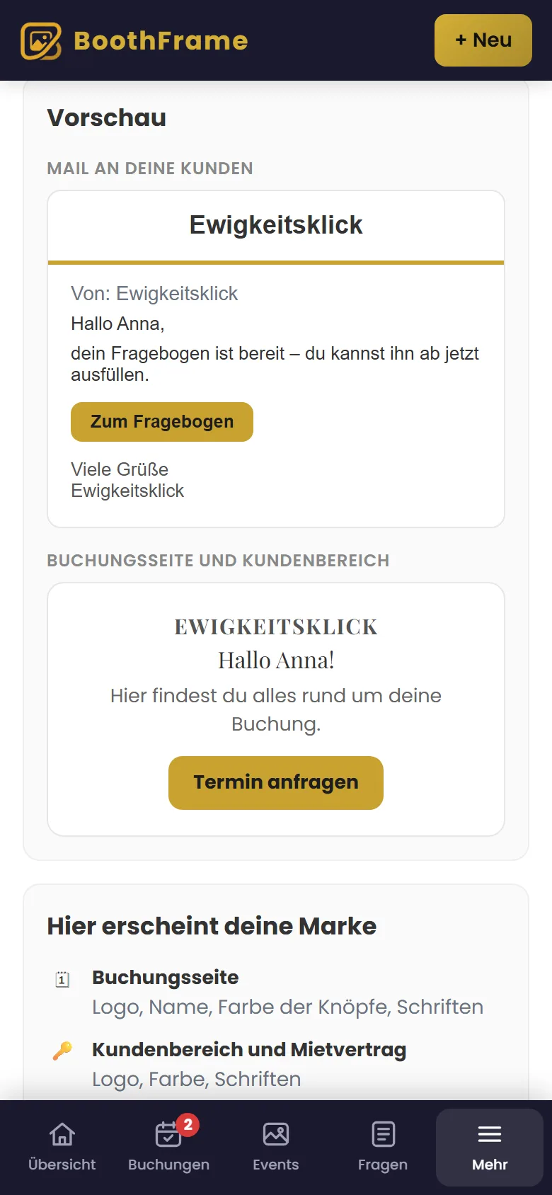 Einstellungen der Marke mit Vorschau von Mail und Kundenbereich