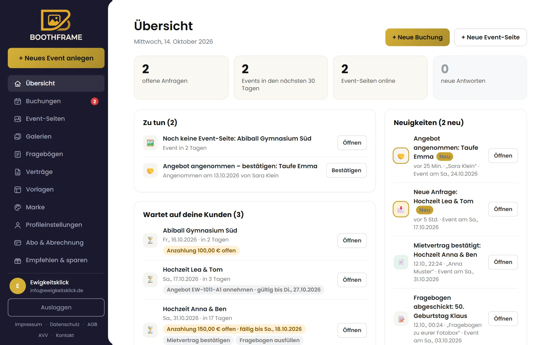 Übersicht am PC: Zu tun, Wartet auf deine Kunden und Neuigkeiten