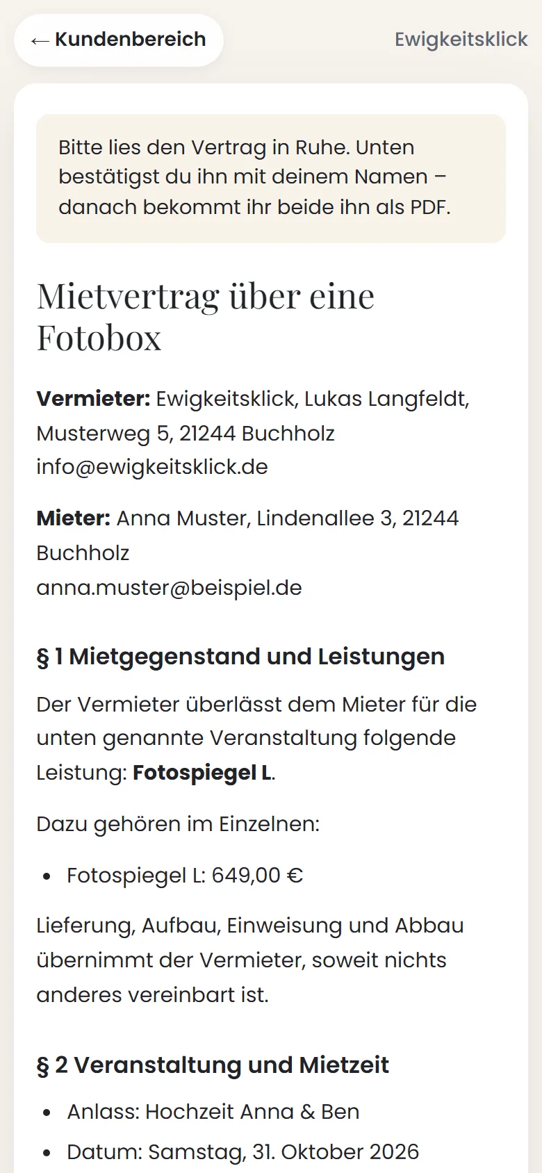 Mietvertrag im Kundenbereich, ausgefüllt mit den Daten der Buchung